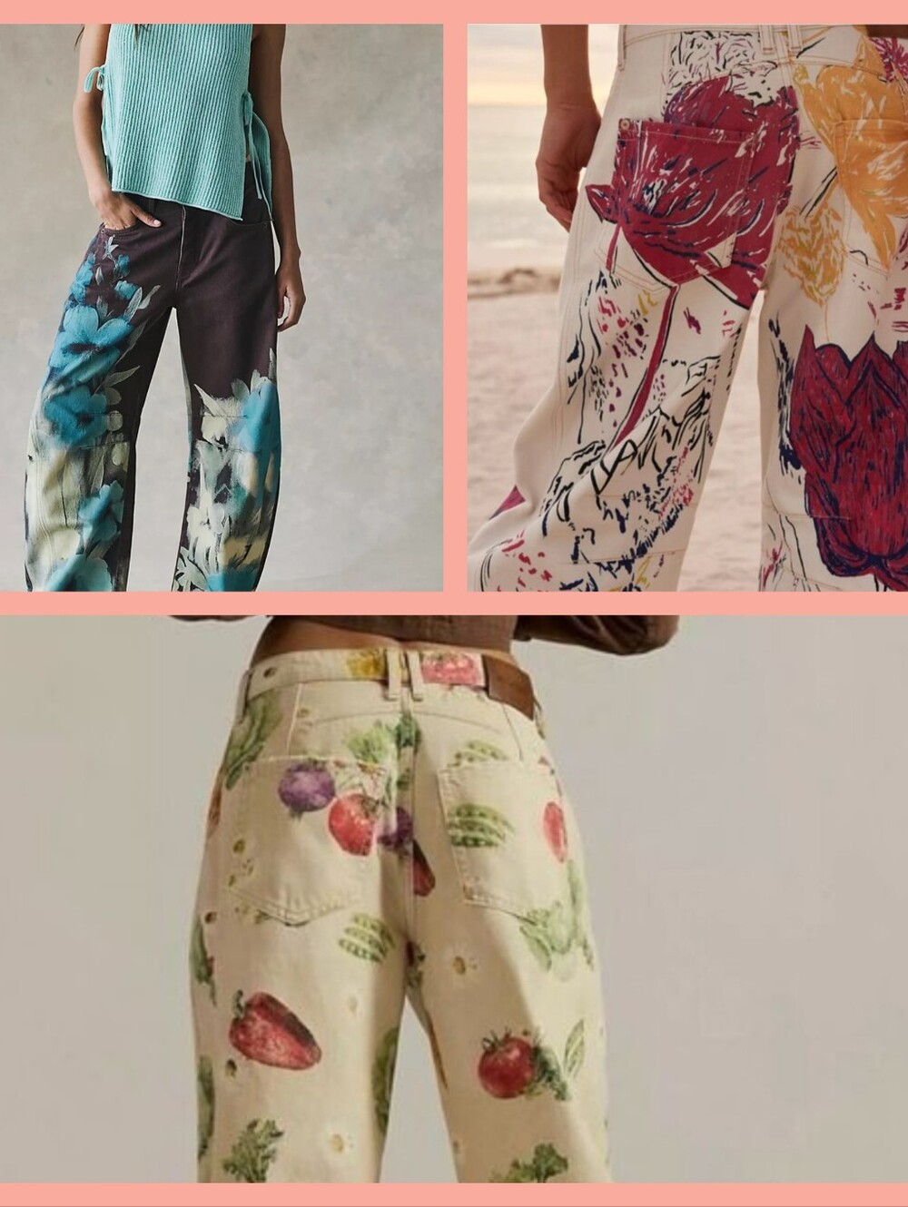 Floral & Fruit Print Wide-Leg Womenโs Jeans - Cream